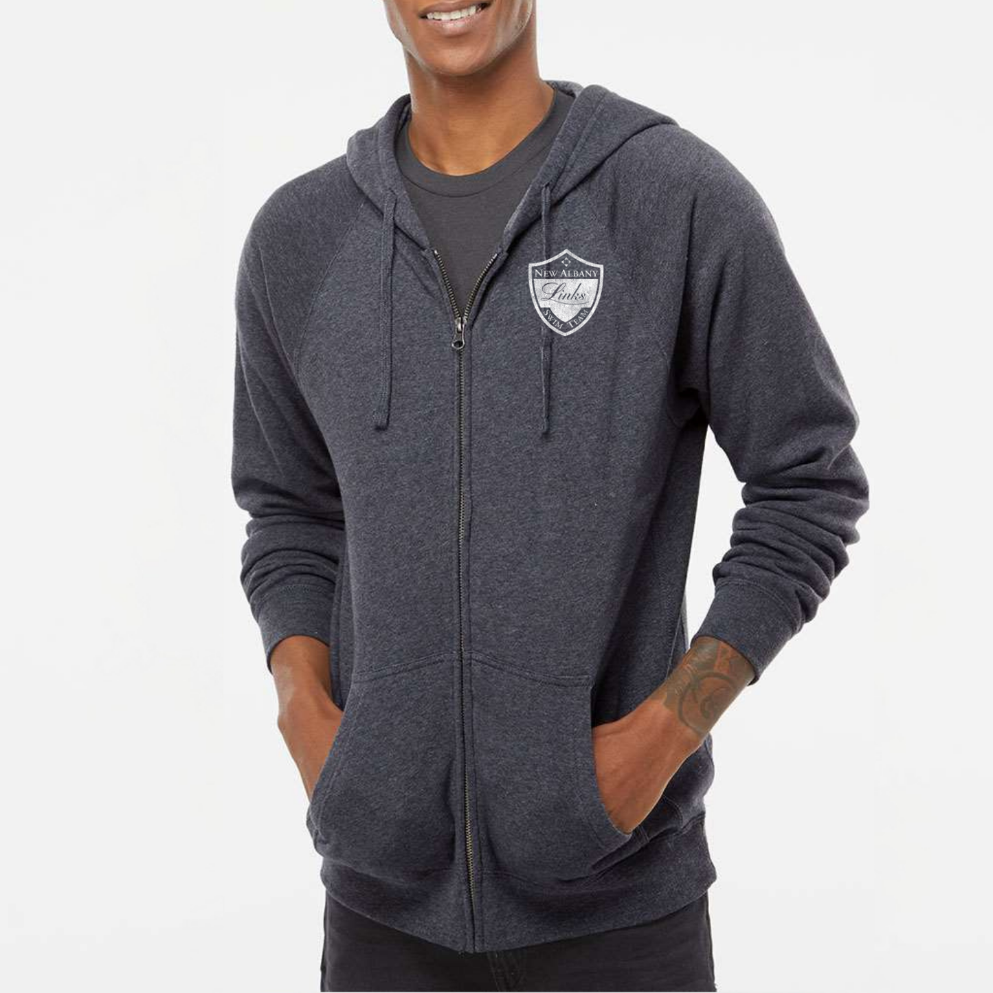 LINKSWIM: Distressed Crest Full Zip Hooded Sweatshirt