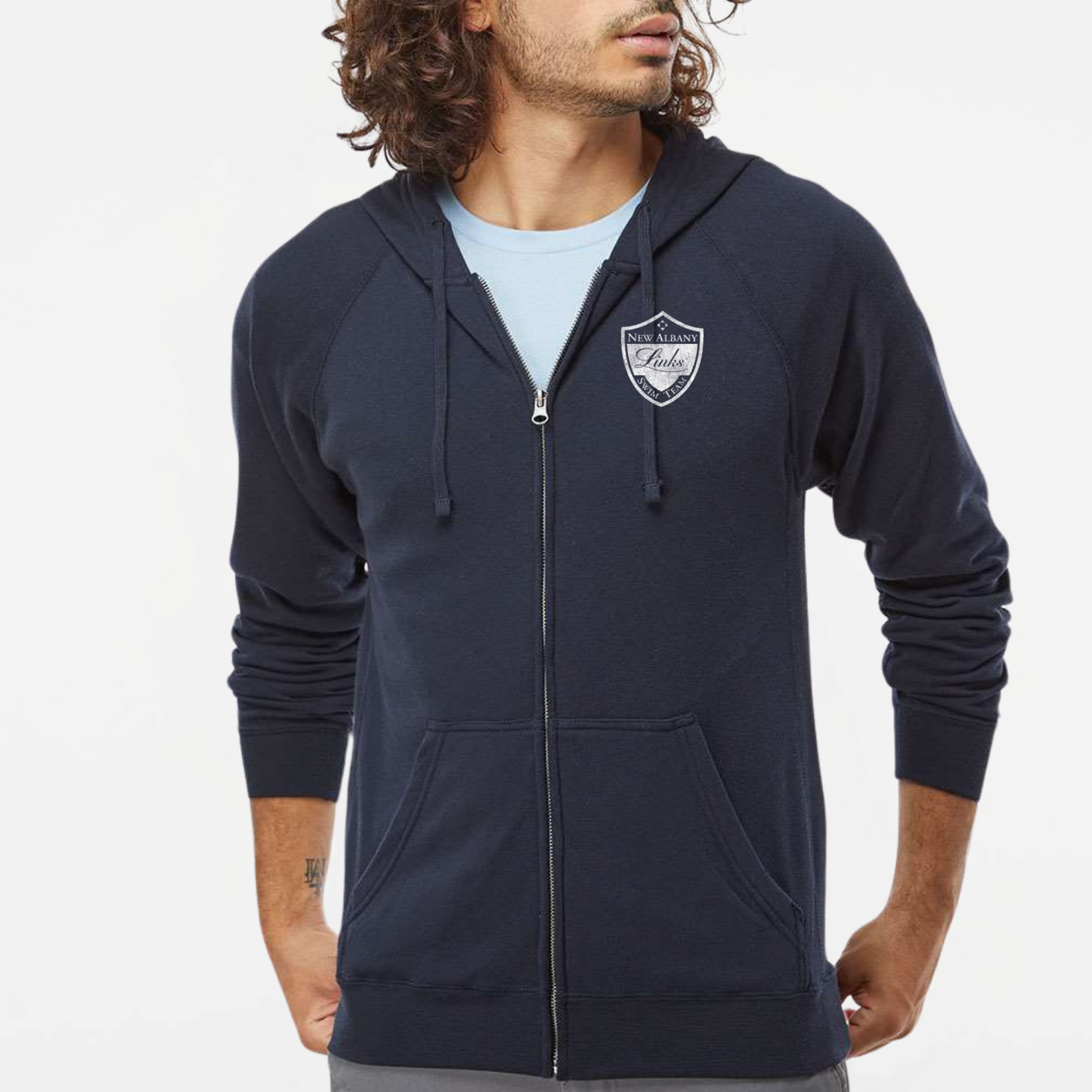 LINKSWIM: Distressed Crest Full Zip Hooded Sweatshirt