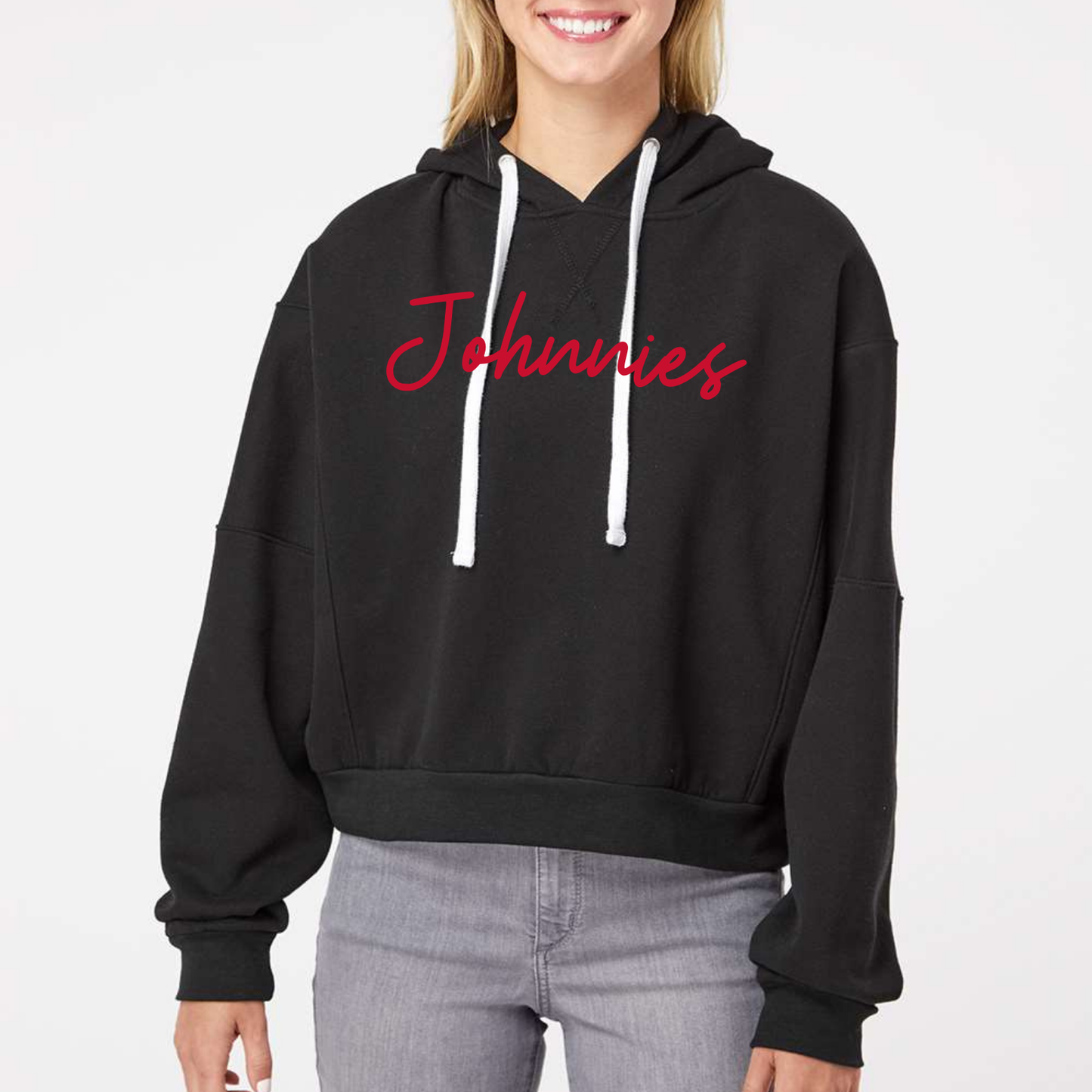 JYAA: Johnnies Thin Script Boxy Crop Hooded Sweatshirt