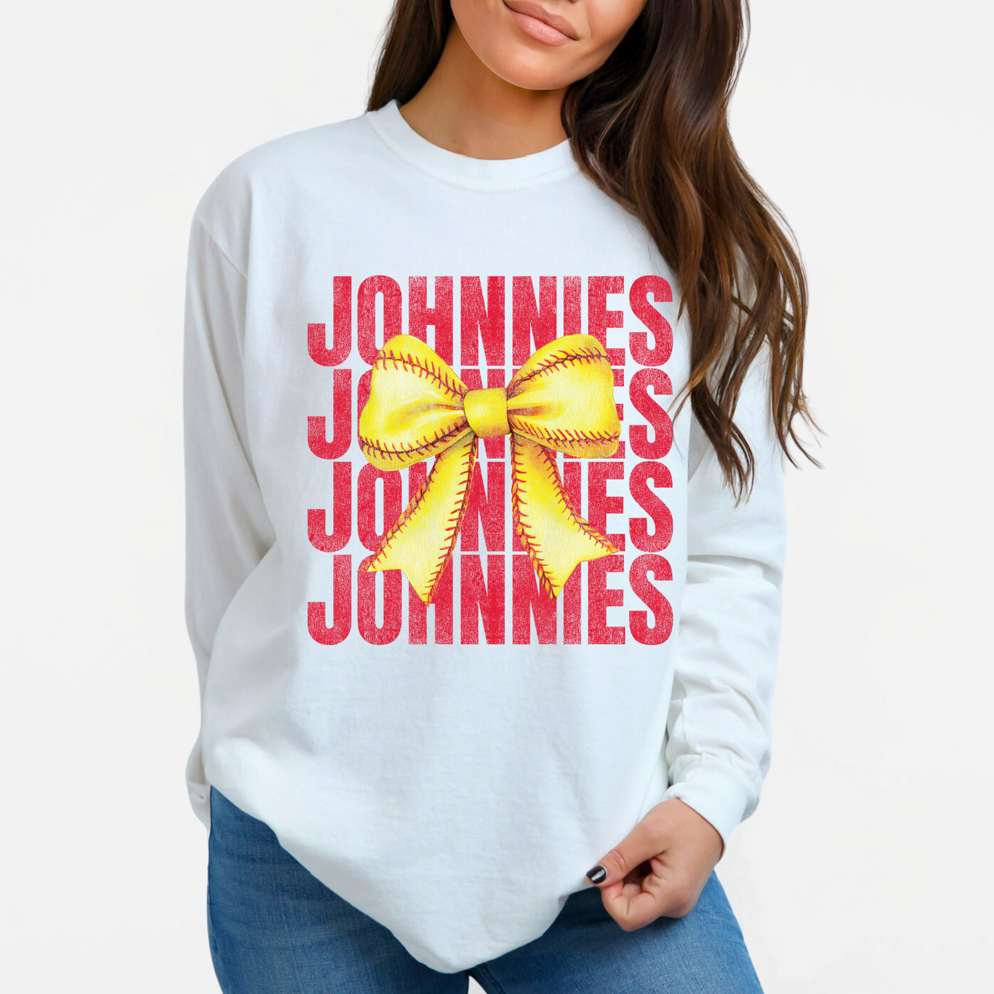 JYAA: Johnnies Softball Bow *distressed* Long Sleeve T-Shirt