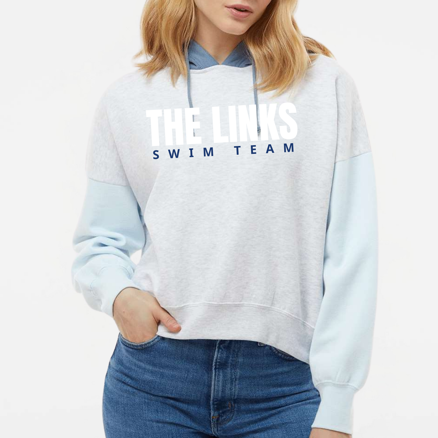 LINKSWIM: Colorblock Boxy Crop Hooded Sweatshirt