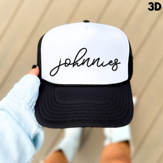 JYAA: Johnnies Thin Script Foam Trucker Hat *3D*