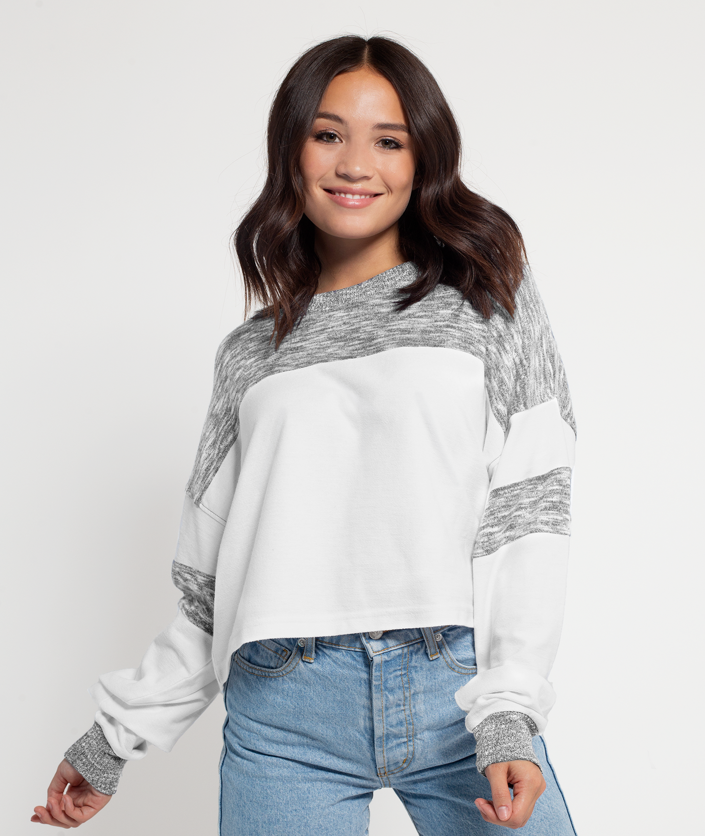 Mixed-Media Cropped Long Sleeve T-Shirt