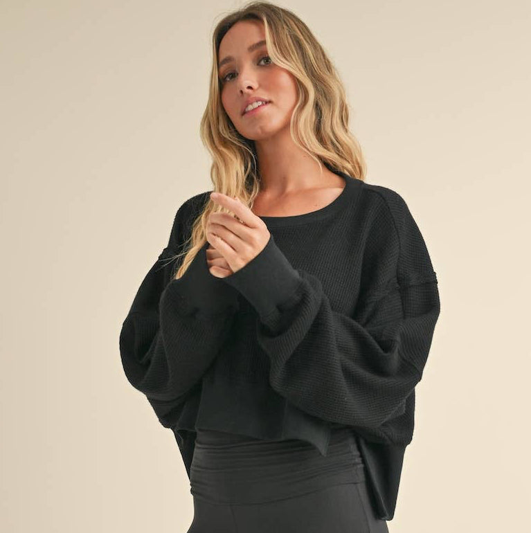 Waffle Knit Oversized Long Sleeve Top