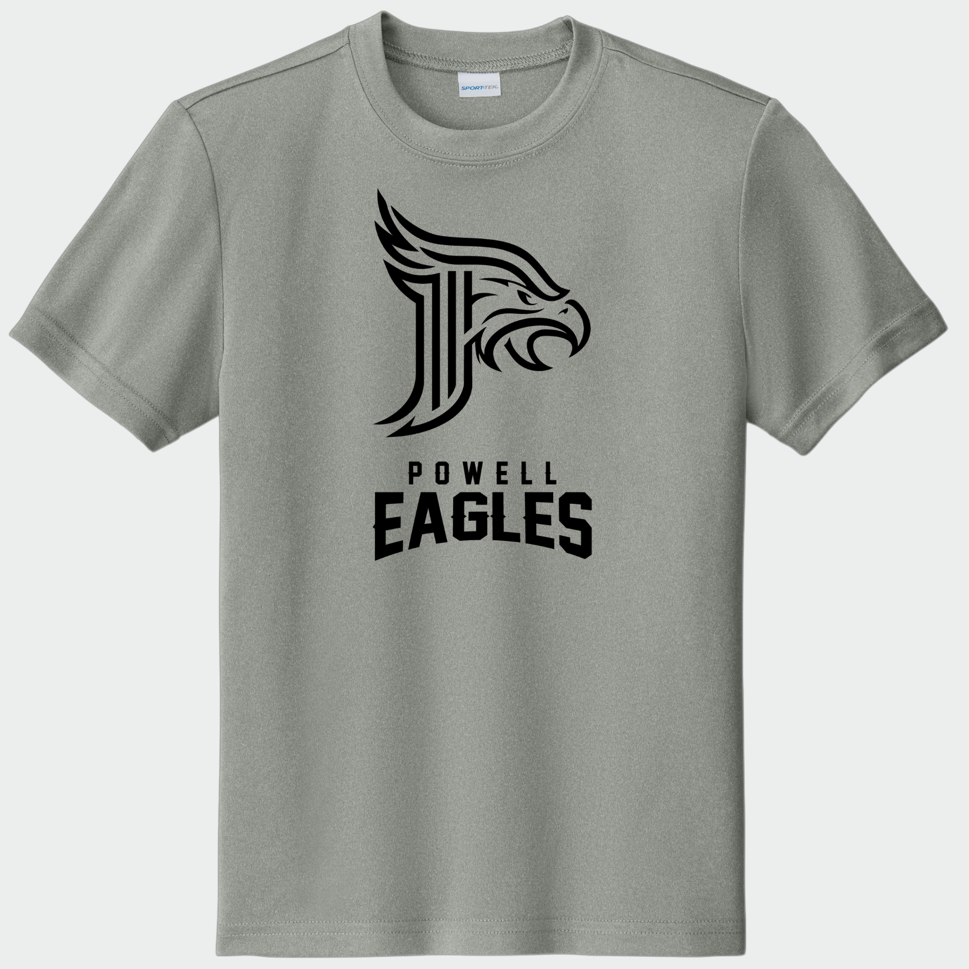 Gray t-shirt with 'Powell Eagles' logo on a white background