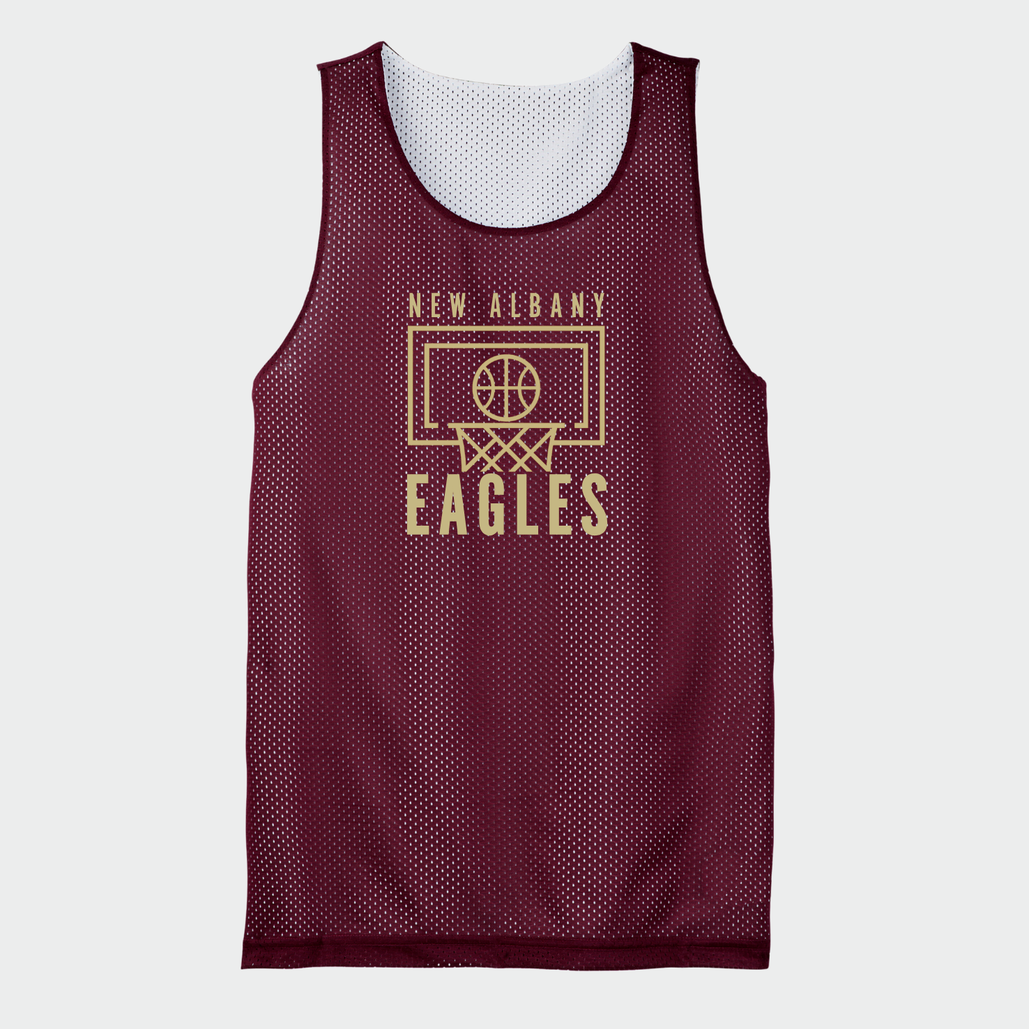 Maroon tank top with 'New Albany Eagles' and basketball hoop design on a light gray background