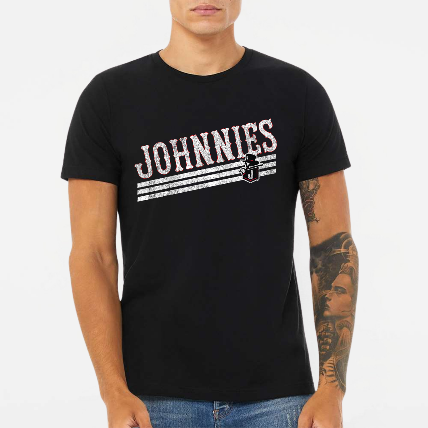 JTB: Johnnies Retro Font Striped Triblend T-Shirt