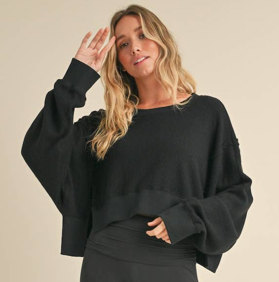 Waffle Knit Oversized Long Sleeve Top