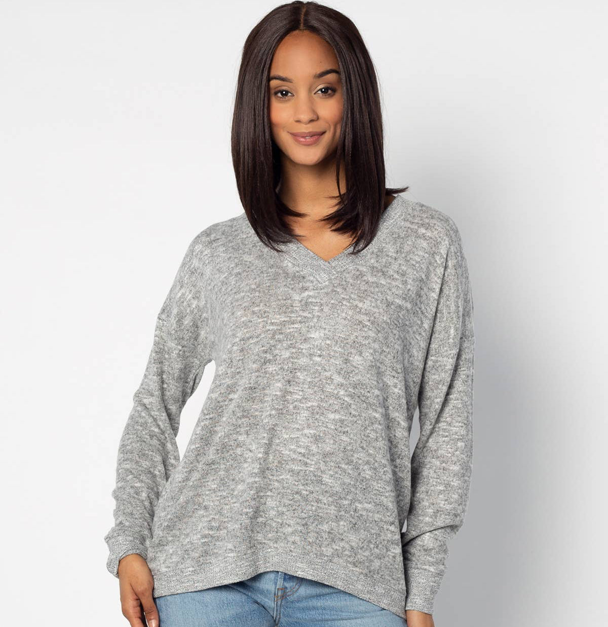 V-Neck Sweater-Knit Long Sleeve T-Shirt