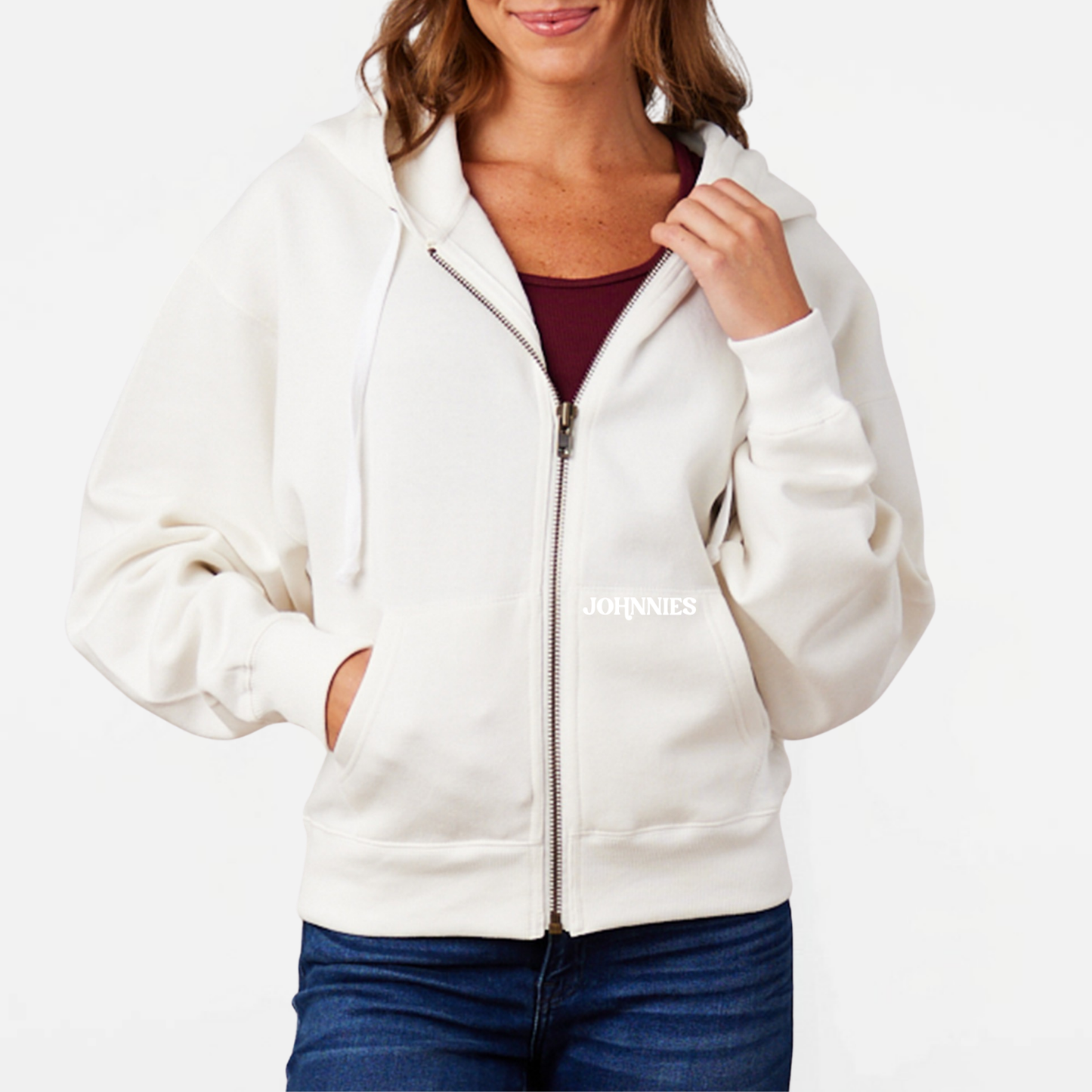 JYAA: Johnnies Women's Boxy Full-Zip Hooded Sweatshirt