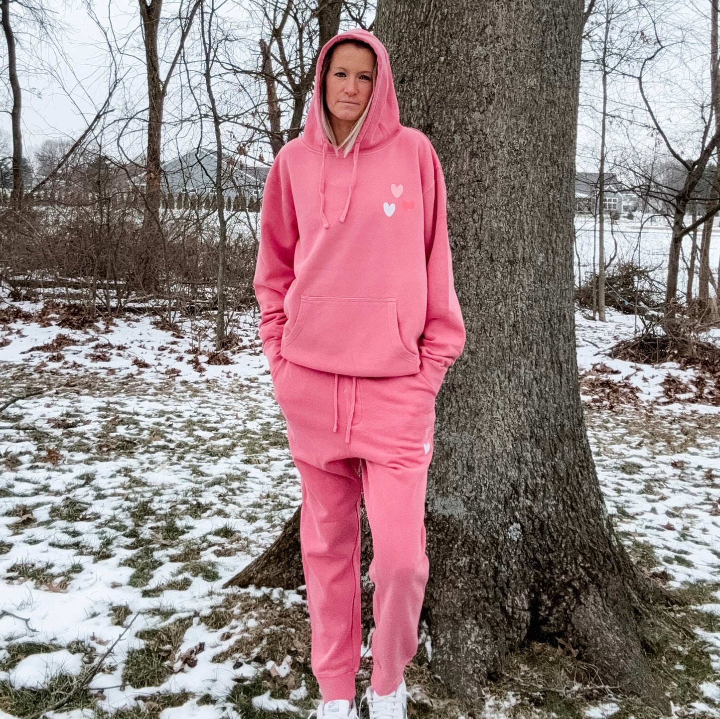 *marketing sample* Tiny Hearts Pigment Pink Sweatpants - size adult medium & size adult large
