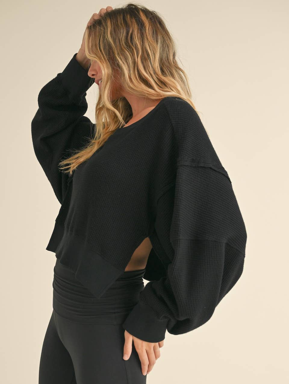 Waffle Knit Oversized Long Sleeve Top